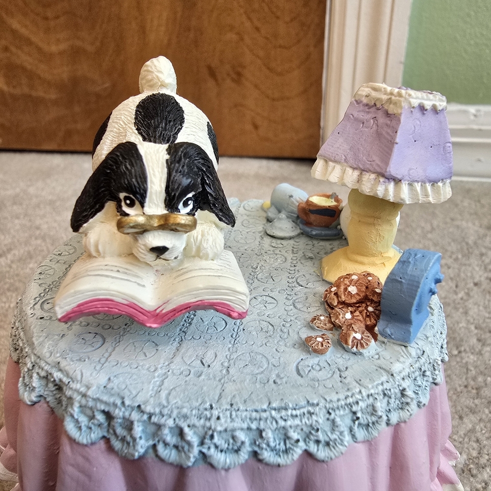 Rotating Puppy on Table Reading Book Resin Music Box - Picture 3 of 14